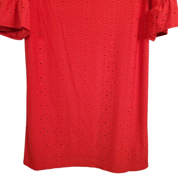 Tiana B Size 18W Dress Shift Stretch Eyelet Overlay Ruffle Bell Sleeve Midi Red - Picture 7 of 14